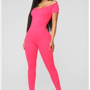 Neon pink off shoulder jumpsuit